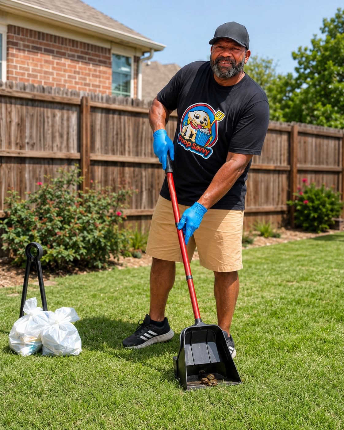Poop Savvy owner providing dog poop removal in a DeSoto-area backyard