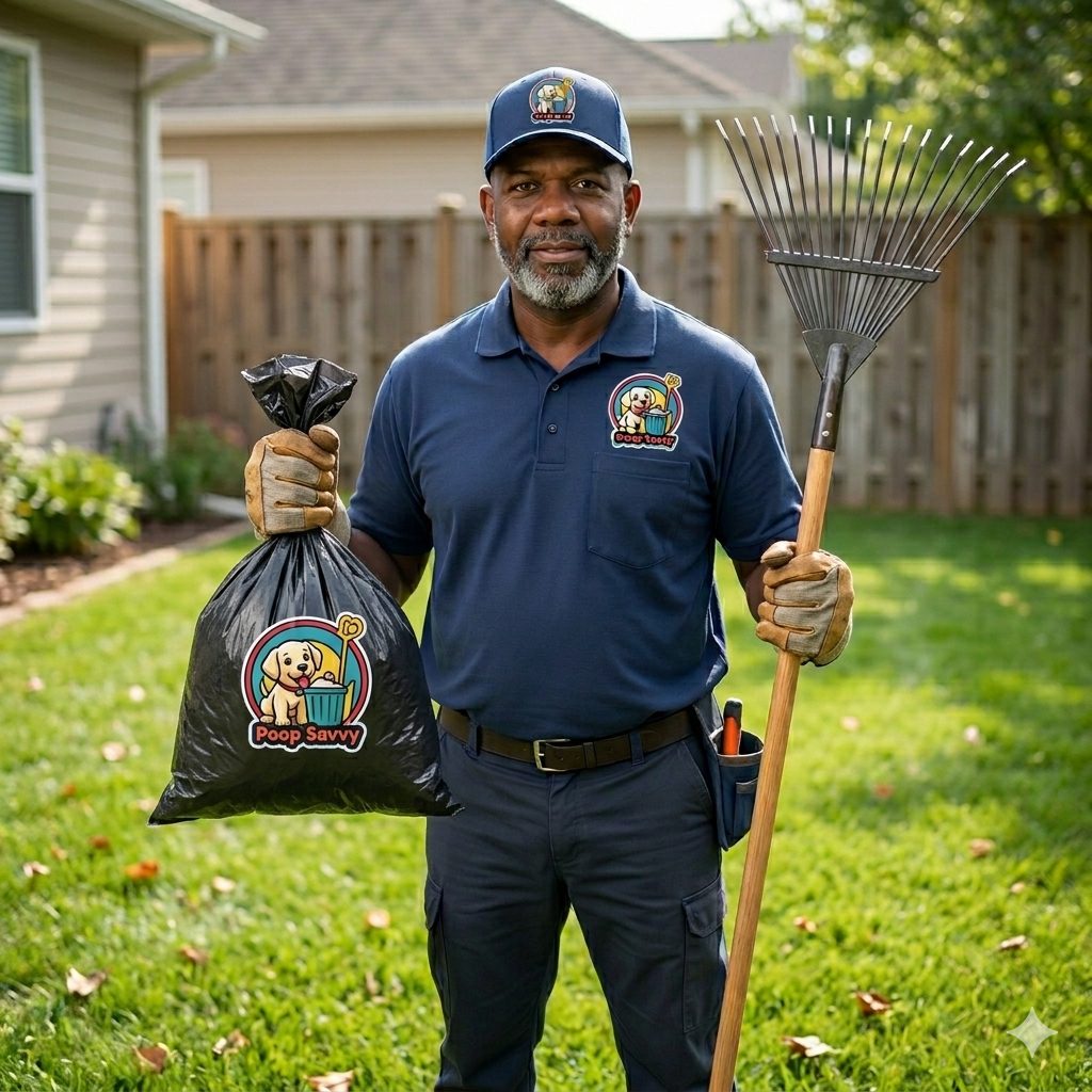 Uniformed Poop Savvy owner ready for dog waste removal near Cedar Hill, Texas